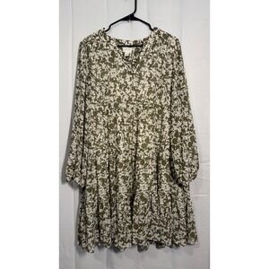 CASLON Olive Flowy Floral Tiered V Neck‎ Billowy Long Sleeve Dress Women's XL